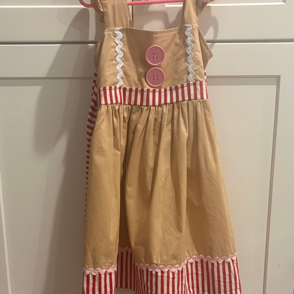 Adorable Holiday Tan and Red Striped Kids Dress - Picture 1 of 5